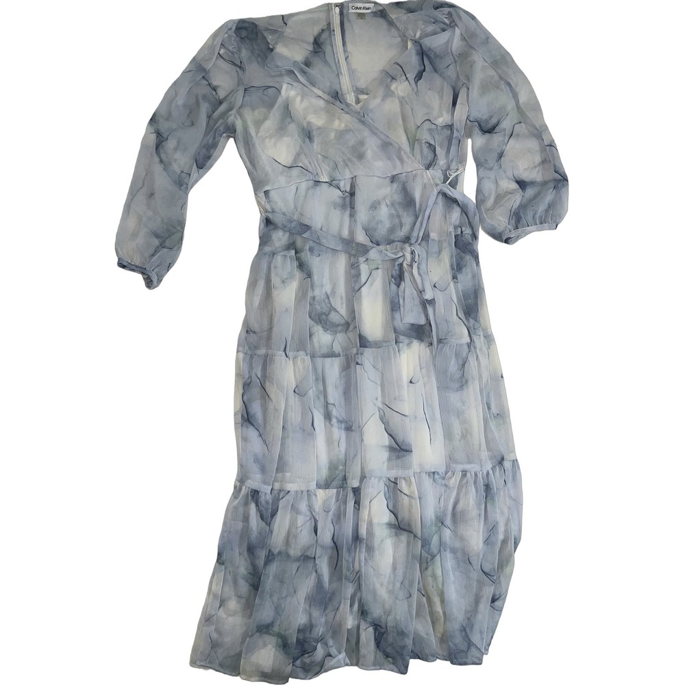 Calvin Klein Women's Blue Maxi Dress Size 14 V-Neck 3/4 Balloon Sleeve Chiffon
